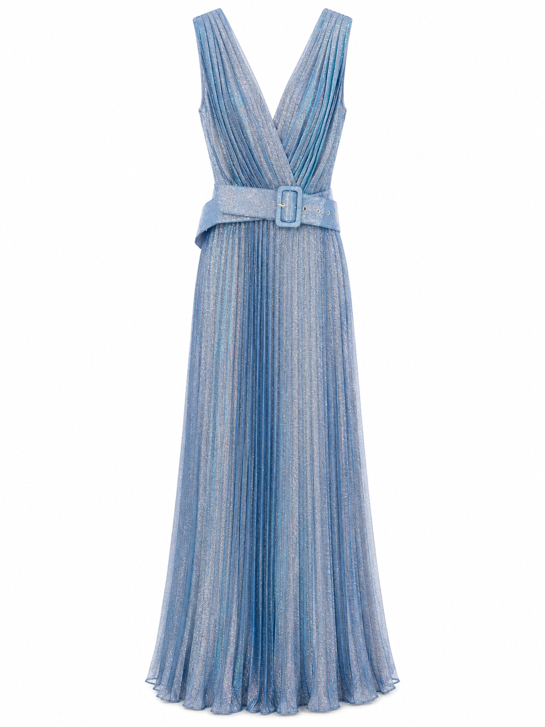 Vestido de Noche Azul Metálico Plisado