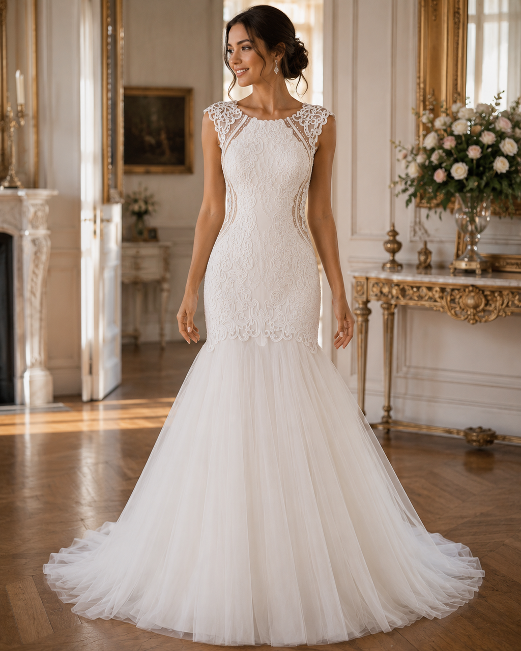 Vestido de Novia Blanco con Detalle Dorado