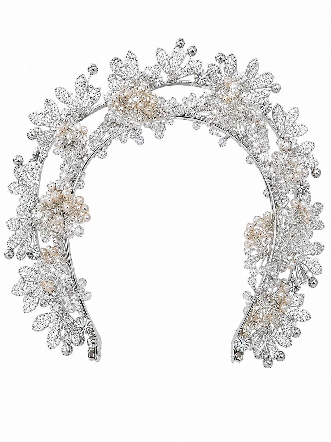 Tiara plateada con detalles florales