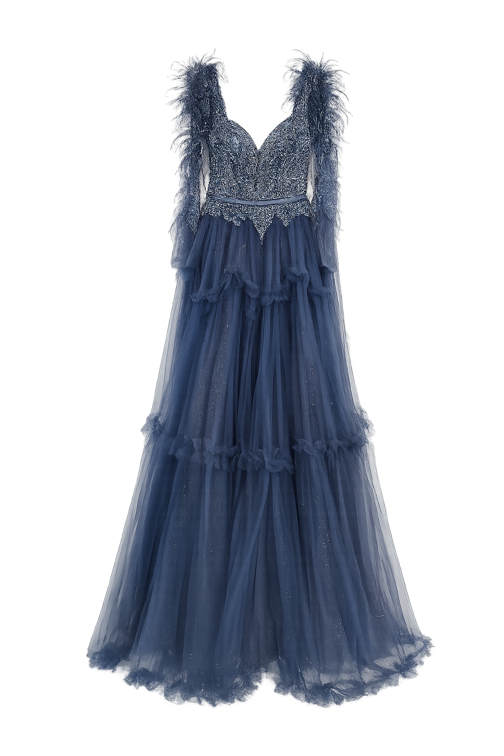 Vestido de noche azul con detalles brillantes